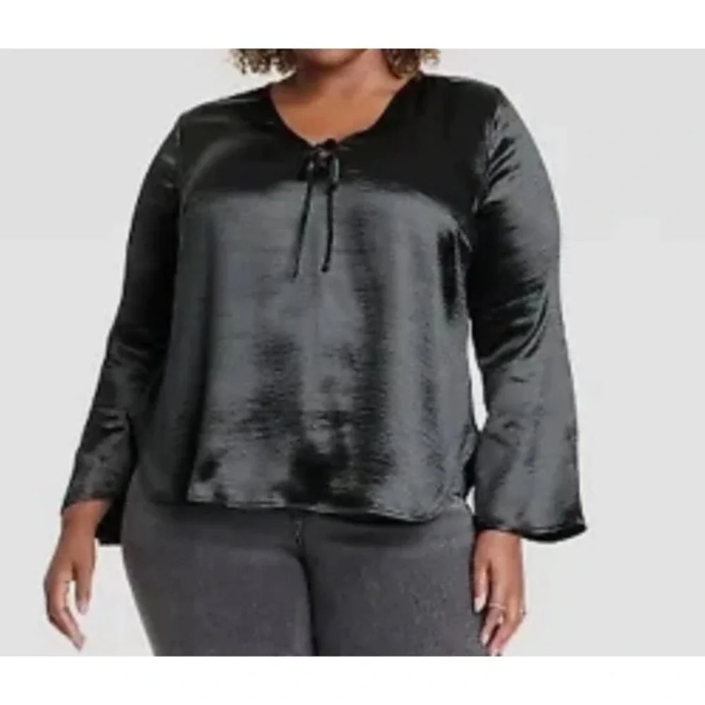 Womens Top 3X Black Satin Flare Sleeve Dark Romantic Ren Fair Renaissance Goth